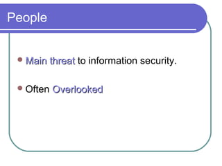 People
Main threatMain threat to information security.
Often OverlookedOverlooked
 