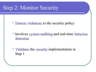 Step 2: Monitor Security
 Detects violationsDetects violations to the security policy
Involves system auditingsystem auditing and real-time intrusionintrusion
detectiondetection
 ValidatesValidates the securitysecurity implementation in
Step 1
 