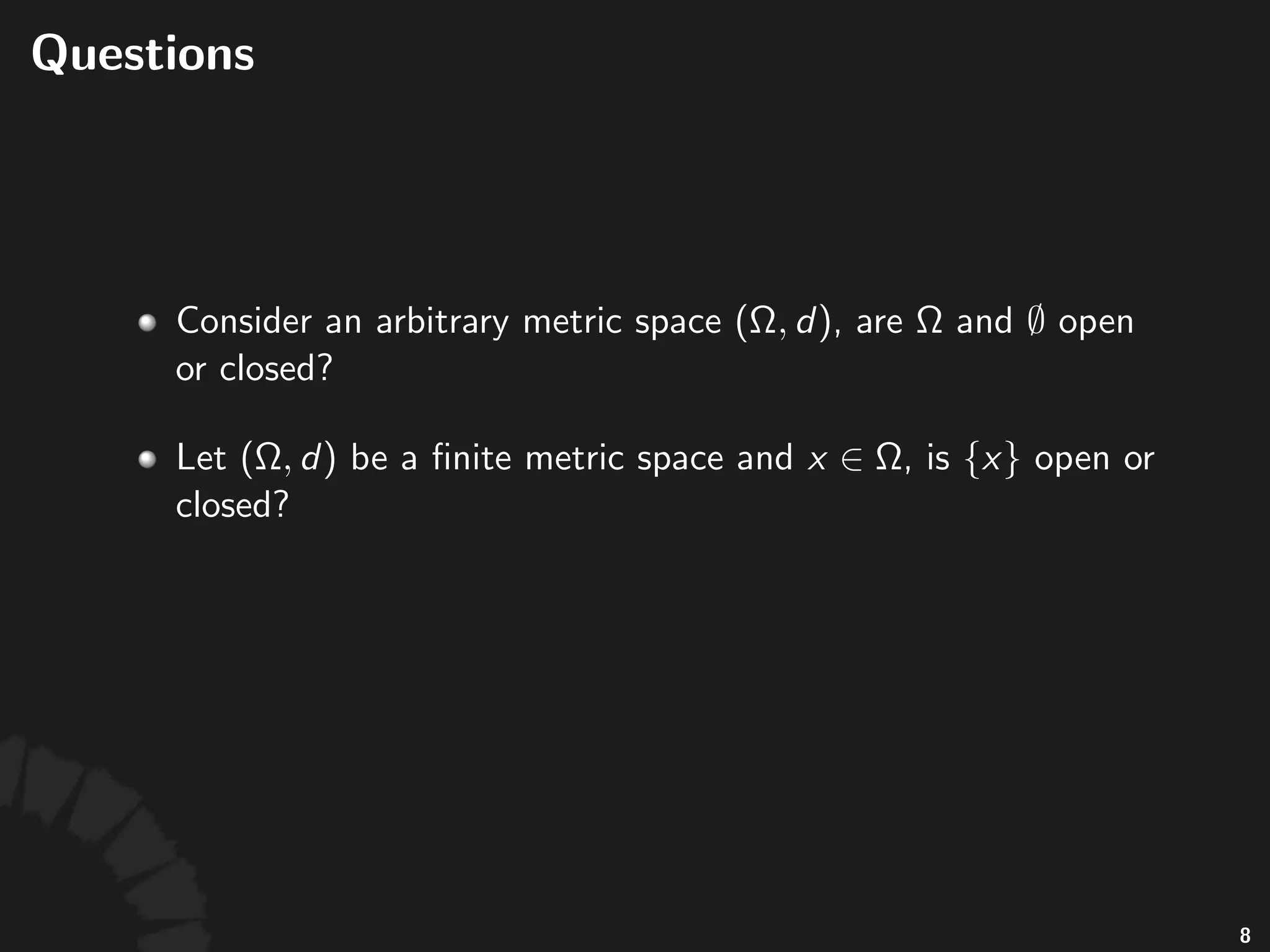 Interior
• Open%ball"of"radius" :"
• "is"an"interior'point"of" "iﬀ" ."
• The"interior"of" ,"denoted"by" "or" ,"is"the"
set"of"all"interior"points"of" .
12
 