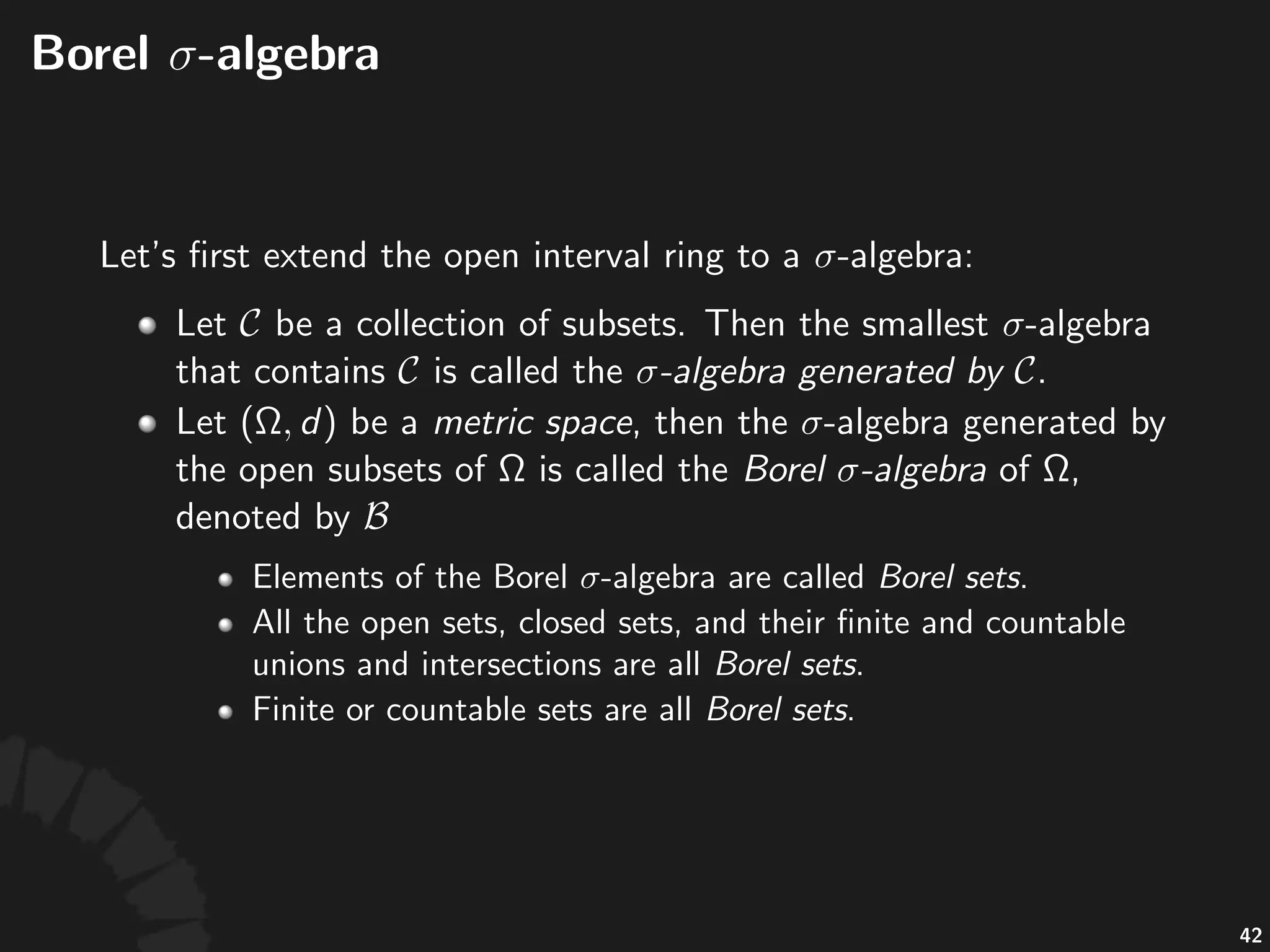 Lengths(of(Open(Intervals
• The%length%of%an%open%interval%is%deﬁned%as%
.
• The%the%length%of%a%ﬁnite%union%of%disjoint%open%
intervals%is%deﬁned%to%be%the%sum%of%the%lengths%of%
individual%intervals.
76
 