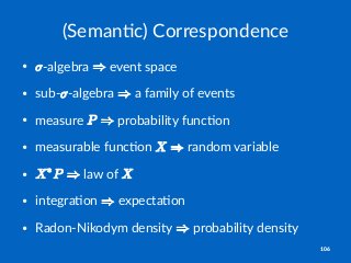 (Seman'c)*Correspondence
• "algebra) )event)space
• sub" "algebra) )a)family)of)events
• measure) ) )probability)func6on
• measurable)func6on) ) )random)variable
• ) )law)of)
• integra6on) )expecta6on
• Radon"Nikodym)density) )probability)density
106
 