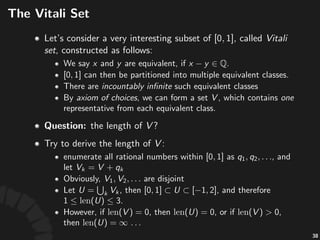 !algebra
• A#ring# #is#called#a#algebra,#if#it#is#also#closed#under#
complement.
• An#algebra#must#contain# .
• An#algebra#is#called#a# 5algebra,#if#it#is#also#closed#
under#countable.union.
• A# 5algebra#is#closed#under#countable#fold#of#any#
elementary#set#opera9ons.
71
 