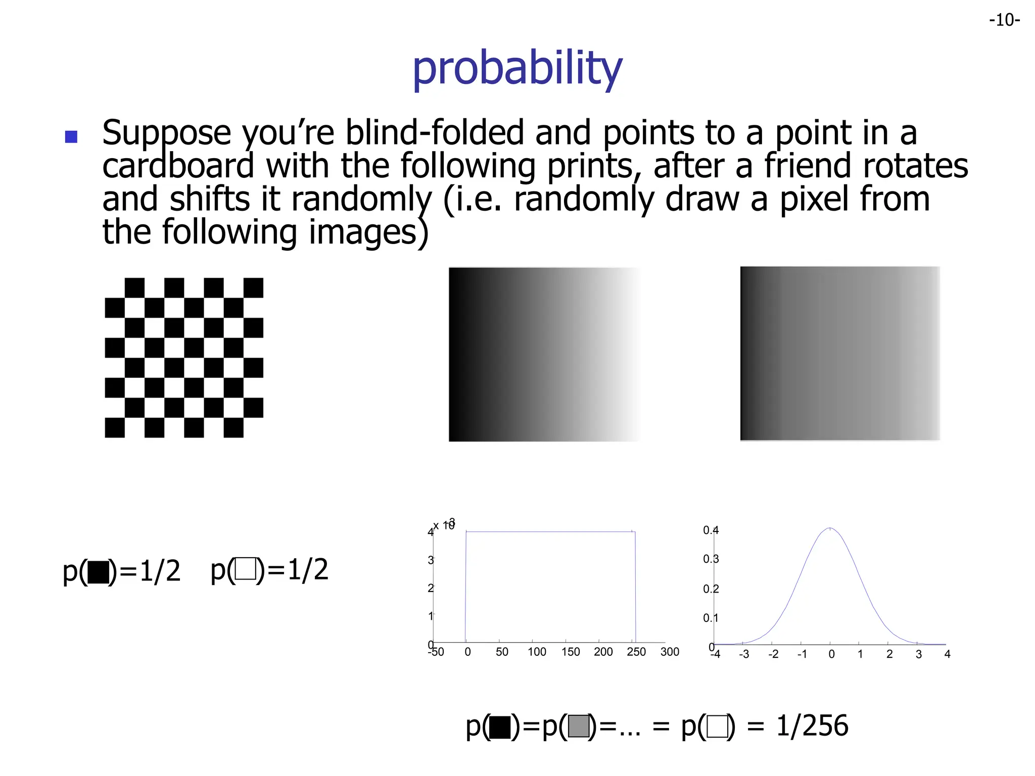 -10-
probability
 Suppose you’re blind-folded and points to a point in a
cardboard with the following prints, after a friend rotates
and shifts it randomly (i.e. randomly draw a pixel from
the following images)
-50 0 50 100 150 200 250 300
0
1
2
3
4
x 10
-3
-4 -3 -2 -1 0 1 2 3 4
0
0.1
0.2
0.3
0.4
p( )=1/2 p( )=1/2
p( )=p( )=… = p( ) = 1/256
 