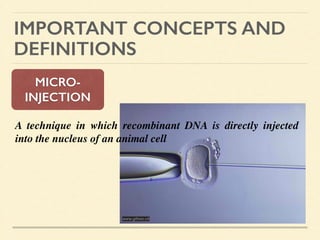 IMPORTANT CONCEPTS AND
DEFINITIONS
MICRO-
INJECTION
A technique in which recombinant DNA is directly injected
into the nucleus of an animal cell 	

!
!
!
www.gfmer.ch
 