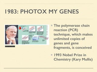 1983: PHOTOX MY GENES
The polymerase chain
reaction (PCR)
technique, which makes
unlimited copies of
genes and gene
fragments, is conceived
1993 Nobel Prize in
Chemistry (Kary Mullis)
smkx.bzu.edu.cn
 