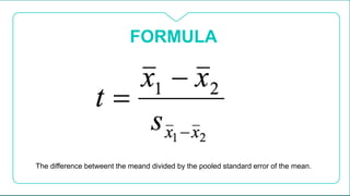 FORMULA
The difference betweent the meand divided by the pooled standard error of the mean.
 