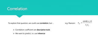 Correlation
To explore that question, we could use correlation, but …
 Correlation coefficient are descriptive tools
 We want to predict, i.e. use inference
e.g. Pearson:
y
x
xy
s
s
y
x
r
)
,
cov(

 