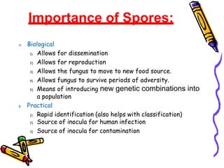 Importance of Spores:
A. Biological
1) Allows for dissemination
2) Allows for reproduction
3) Allows the fungus to move to new food source.
4) Allows fungus to survive periods of adversity.
5) Means of introducing new genetic combinations into
a population
B. Practical
1) Rapid identification (also helps with classification)
2) Source of inocula for human infection
3) Source of inocula for contamination
 