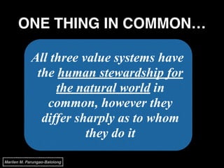 ONE THING IN COMMON…
All three value systems have
the human stewardship for
the natural world in
common, however they
differ sharply as to whom
they do it
Marilen M. Parungao-Balolong
 