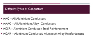 DifferentTypes of Conductors
 AAC – All Aluminium Conductors
 AAAC – All Aluminium Alloy- Conductors
 ACSR – Aluminium Conductor, Steel Reinforcement
 ACAR – Aluminium Conductor, Aluminium Alloy Reinforcement
 