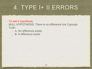 4. TYPE I+ II ERRORS
To test a hypothesis
NULL HYPOTHESIS: There is no difference b/w 2 groups
Truth:
A. No difference exists
B. A difference exists
16
 