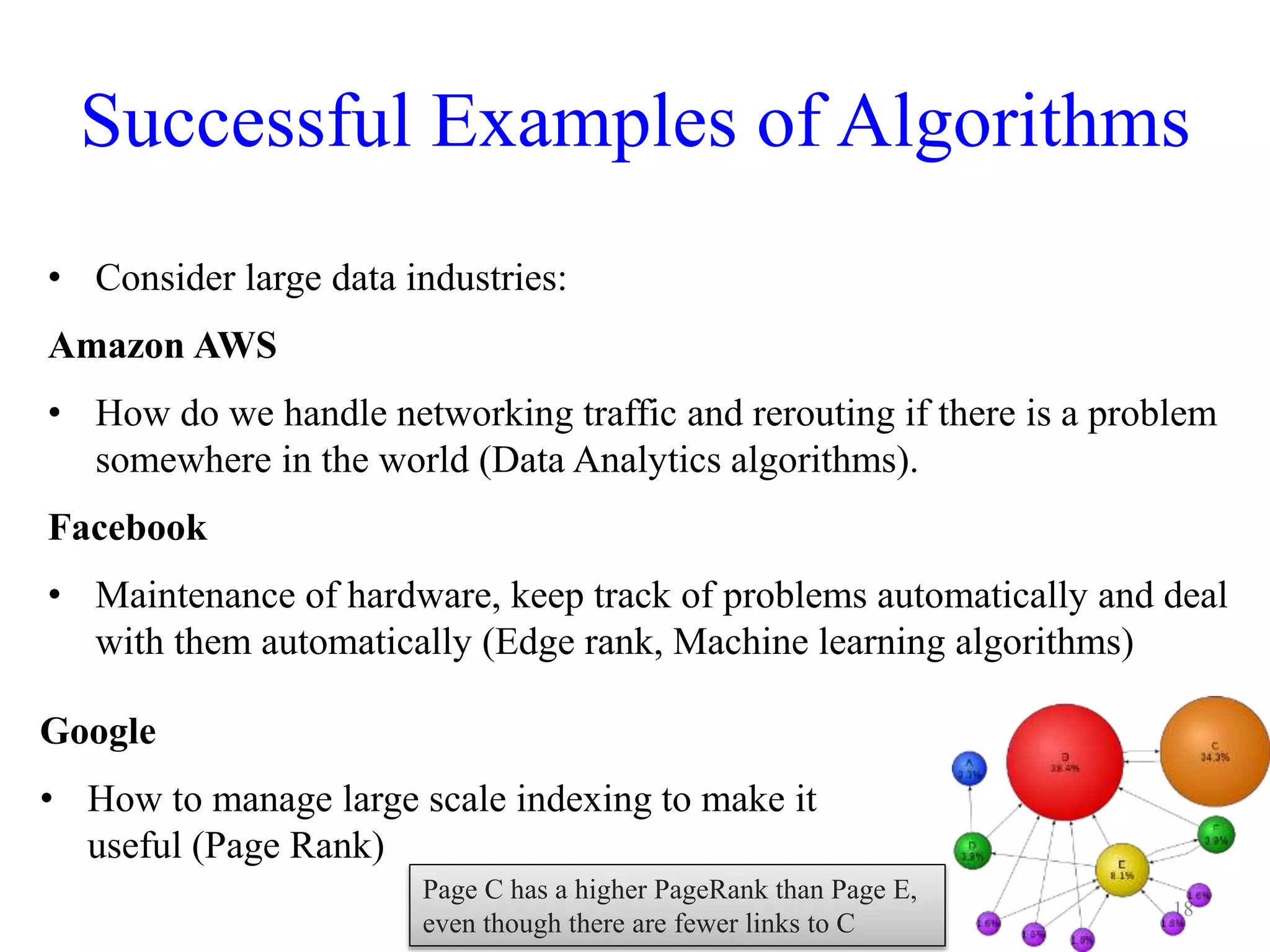 Successful Examples of Algorithms
• Consider large data industries:
Amazon AWS
• How do we handle networking traffic and rerouting if there is a problem
somewhere in the world (Data Analytics algorithms).
Facebook
• Maintenance of hardware, keep track of problems automatically and deal
with them automatically (Edge rank, Machine learning algorithms)
18
Google
• How to manage large scale indexing to make it
useful (Page Rank)
Page C has a higher PageRank than Page E,
even though there are fewer links to C
 