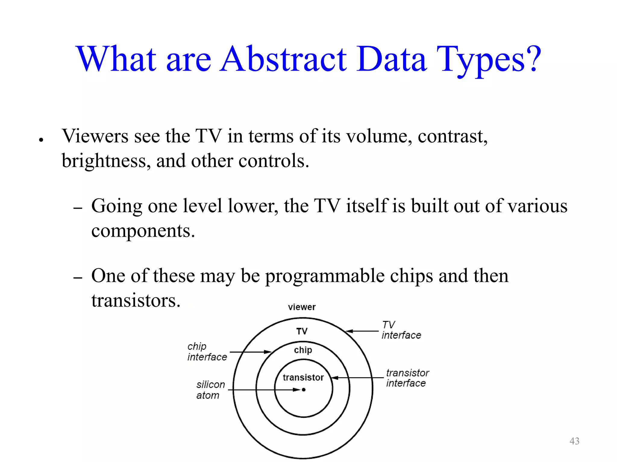 What are Abstract Data Types?
● Viewers see the TV in terms of its volume, contrast,
brightness, and other controls.
– Going one level lower, the TV itself is built out of various
components.
– One of these may be programmable chips and then
transistors.
43
 