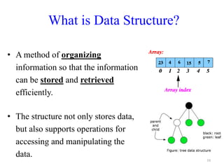 What is Data Structure?
• A method of organizing
information so that the information
can be stored and retrieved
efficiently.
• The structure not only stores data,
but also supports operations for
accessing and manipulating the
data.
10
 