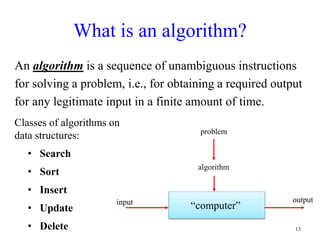 13
What is an algorithm?
An algorithm is a sequence of unambiguous instructions
for solving a problem, i.e., for obtaining a required output
for any legitimate input in a finite amount of time.
“computer”
problem
algorithm
input output
Classes of algorithms on
data structures:
• Search
• Sort
• Insert
• Update
• Delete
 