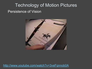 Technology of Motion Pictures
  Persistence of Vision




http://www.youtube.com/watch?v=3veFqnnob0A
 