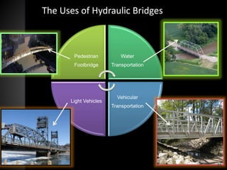Pedestrian
Footbridge
Water
Transportation
Vehicular
Transportation
Light Vehicles
The Uses of Hydraulic Bridges
21
 