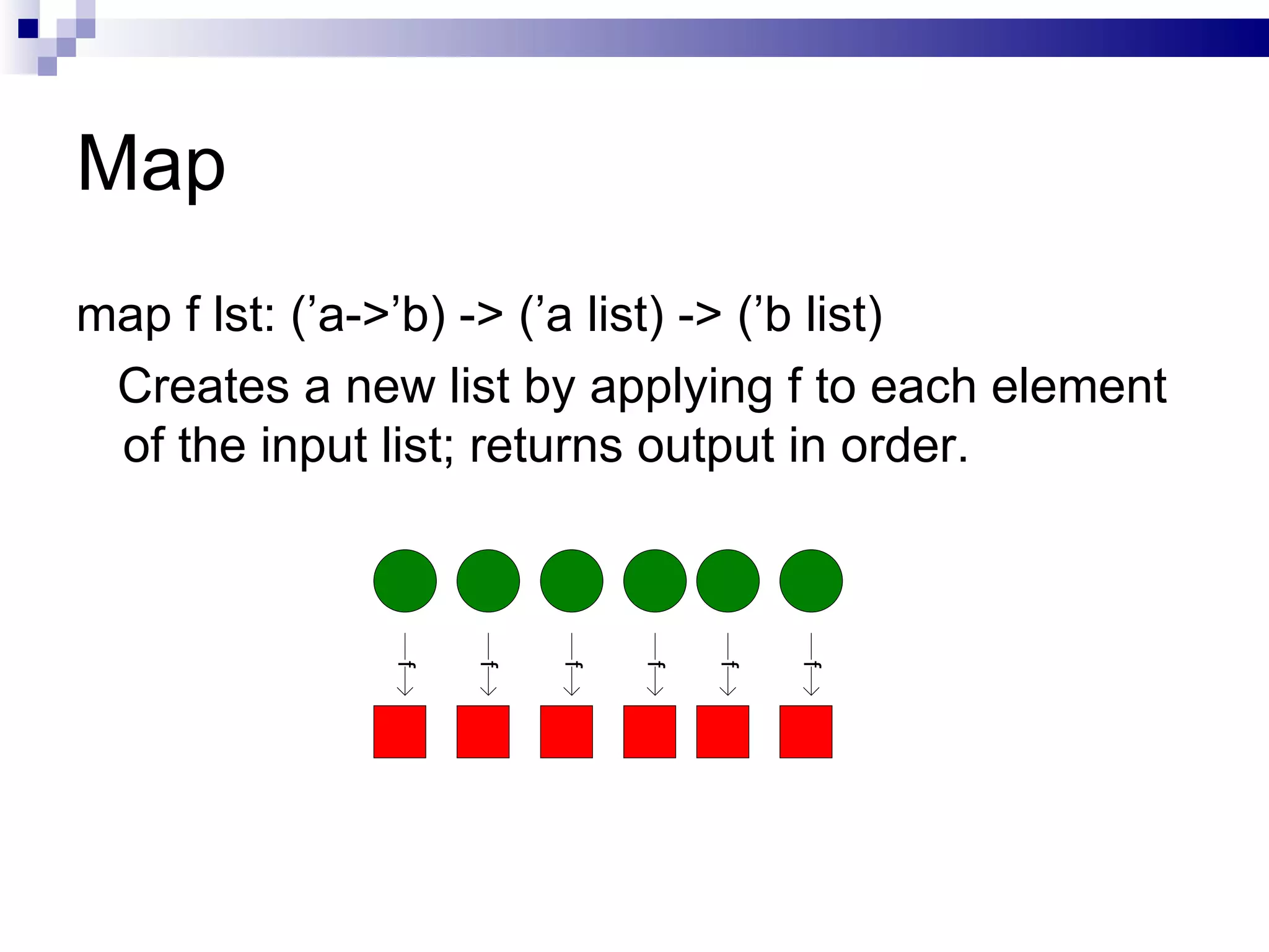 Map map f lst: (’a->’b) -> (’a list) -> (’b list) Creates a new list by applying f to each element of the input list; returns output in order. 
