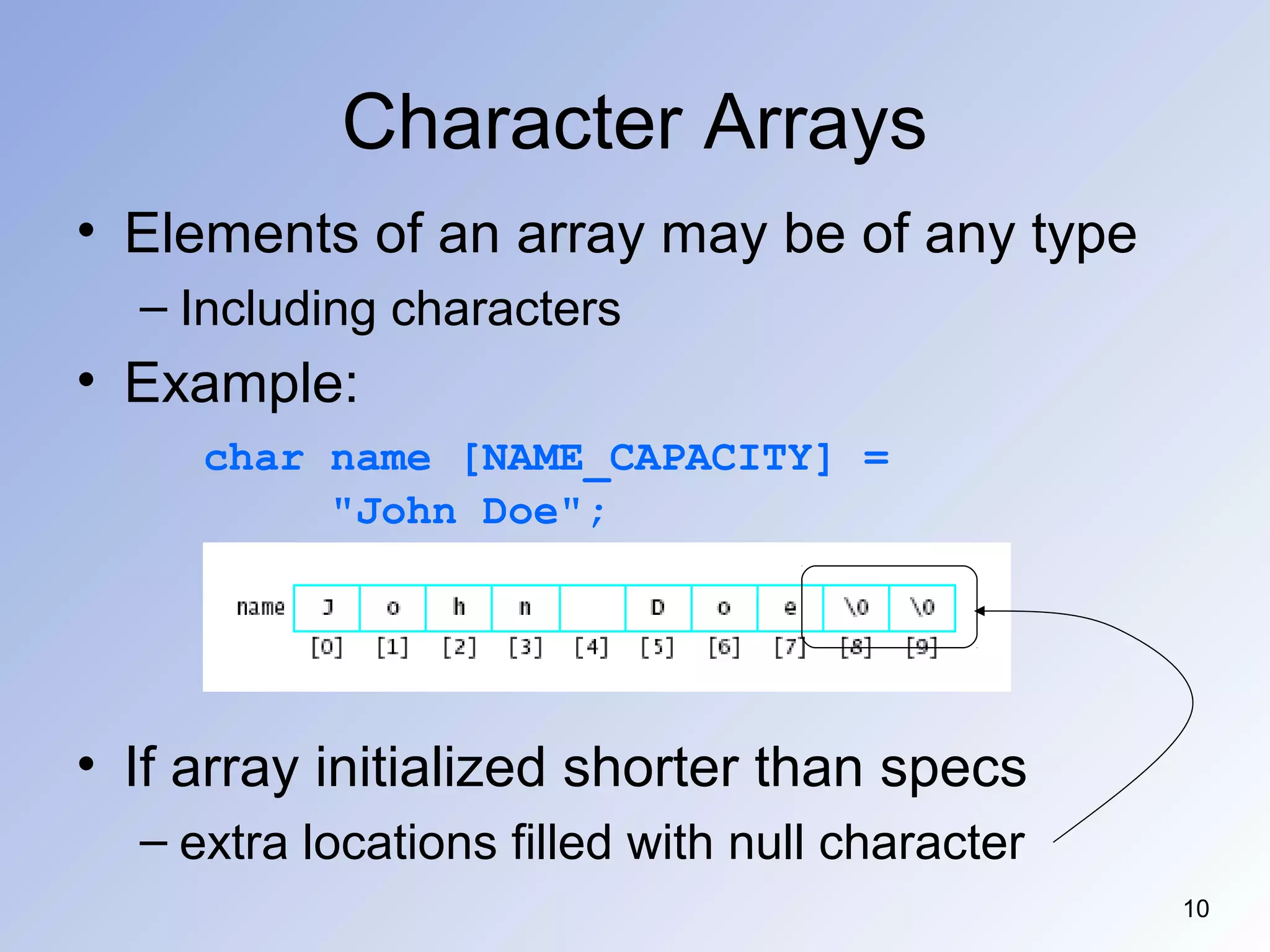10
Character Arrays
• Elements of an array may be of any type
– Including characters
• Example:
char name [NAME_CAPACITY] =
"John Doe";
• If array initialized shorter than specs
– extra locations filled with null character
 