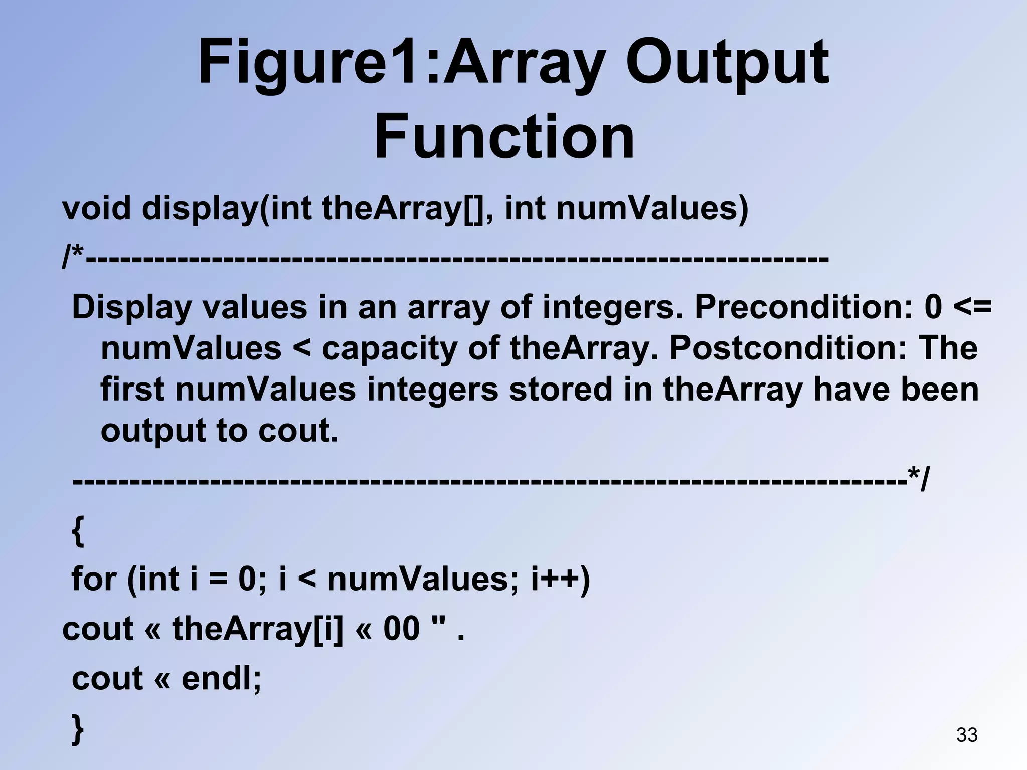 Figure1:Array Output
Function
void display(int theArray[], int numValues)
/*-----------------------------------------------------------------
Display values in an array of integers. Precondition: 0 <=
numValues < capacity of theArray. Postcondition: The
first numValues integers stored in theArray have been
output to cout.
-------------------------------------------------------------------------*/
{
for (int i = 0; i < numValues; i++)
cout « theArray[i] « 00 " .
cout « endl;
} 33
 
