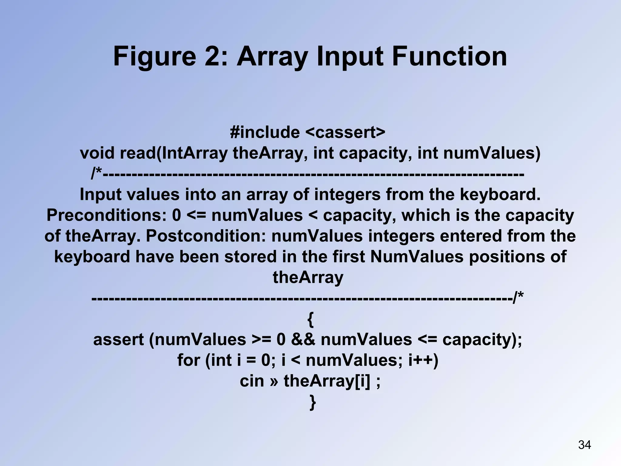 Figure 2: Array Input Function
#include <cassert>
void read(IntArray theArray, int capacity, int numValues)
/*-------------------------------------------------------------------------
Input values into an array of integers from the keyboard.
Preconditions: 0 <= numValues < capacity, which is the capacity
of theArray. Postcondition: numValues integers entered from the
keyboard have been stored in the first NumValues positions of
theArray
-------------------------------------------------------------------------/*
{
assert (numValues >= 0 && numValues <= capacity);
for (int i = 0; i < numValues; i++)
cin » theArray[i] ;
}
34
 
