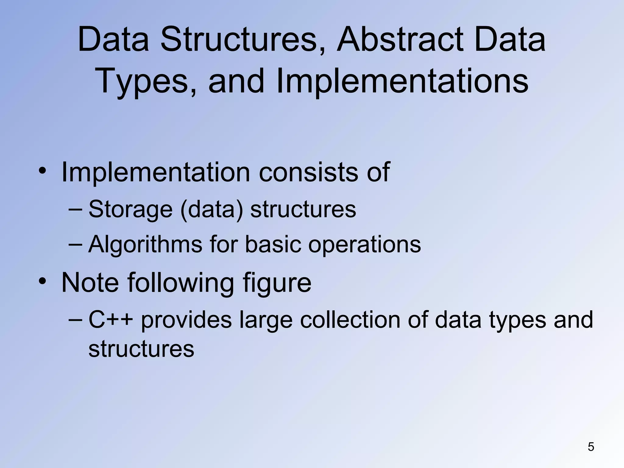 5
Data Structures, Abstract Data
Types, and Implementations
• Implementation consists of
– Storage (data) structures
– Algorithms for basic operations
• Note following figure
– C++ provides large collection of data types and
structures
 