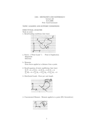 2.001 - MECHANICS AND MATERIALS I
                                  Lecture #2
                                  9/11/2006
                            Prof. Carol Livermore

TOPIC: LOADING AND SUPPORT CONDITIONS

STRUCTURAL ANALYSIS
Tools we need:
1. Recall loading conditions (last time)




a. Forces - (”Point Loads ”)     Point of Application
   Magnitude
   Direction

b. Moments
   From forces applied at a distance from a point.

2. Recall equation of static equilibrium (last time)
      F = 0 ⇒ Fx = 0, Fy = 0, Fz = 0
      M0 = 0 ⇒      Mx = 0, My = 0, Mz = 0

3. Distributed Loads - Force per unit length




4. Concentrated Moment - Moment applied at a point (EX: Screwdriver)




                                   1
 