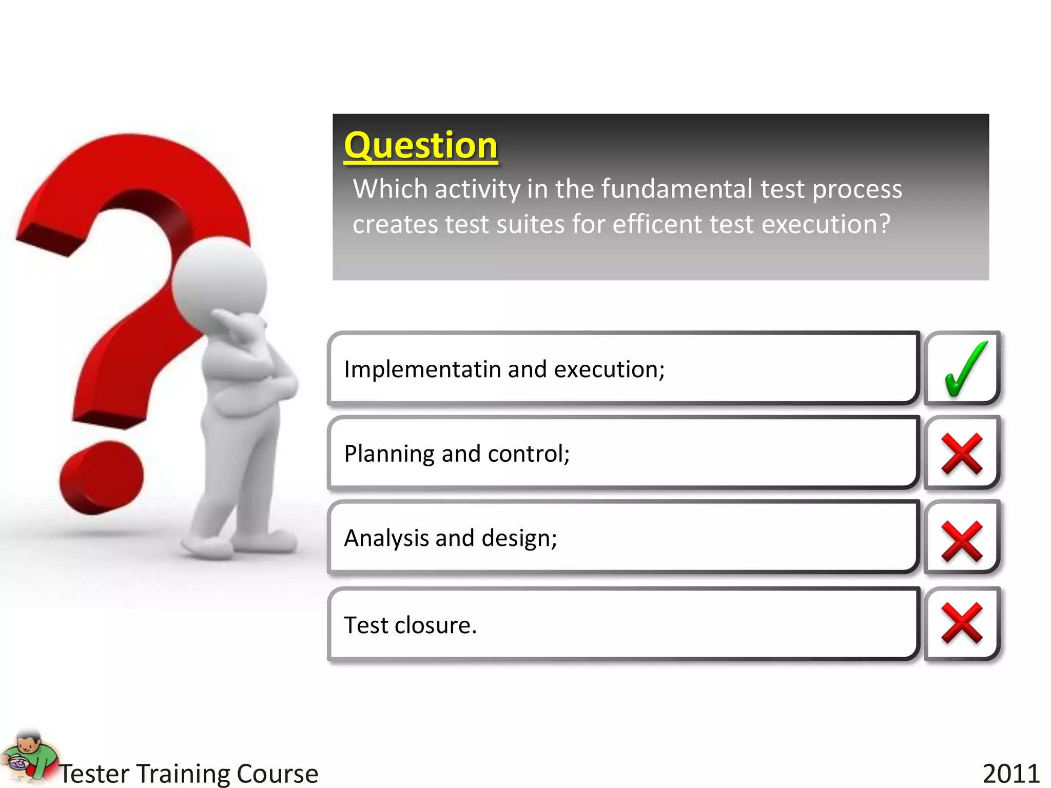 Question
                         Which activity in the fundamental test process
                         creates test suites for efficent test execution?



                         Implementatin and execution;


                         Planning and control;


                         Analysis and design;


                         Test closure.




Tester Training Course                                                      2011
 