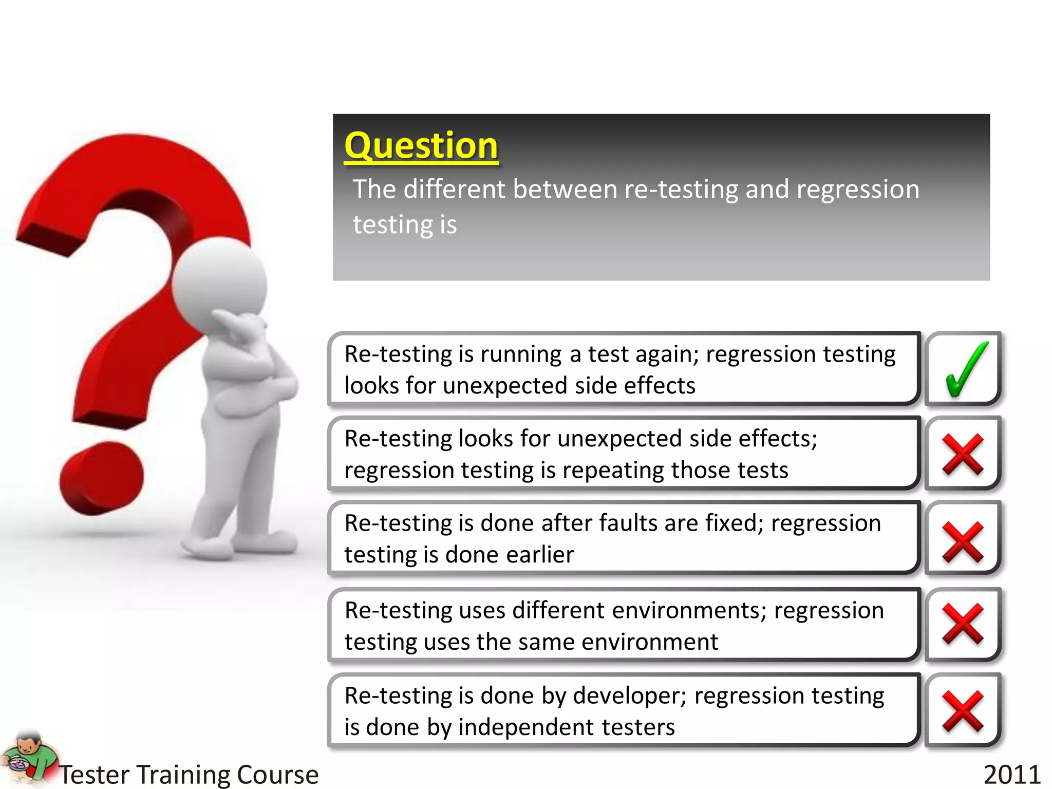Question
                         The different between re-testing and regression
                         testing is



                         Re-testing is running a test again; regression testing
                         looks for unexpected side effects

                         Re-testing looks for unexpected side effects;
                         regression testing is repeating those tests

                         Re-testing is done after faults are fixed; regression
                         testing is done earlier

                         Re-testing uses different environments; regression
                         testing uses the same environment

                         Re-testing is done by developer; regression testing
                         is done by independent testers
Tester Training Course                                                            2011
 