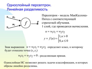 Однослойный персептрон. Линейная разделимость Однослойная НС позволяет решать задачи классификации, в которых образы линейно разделимы. Персептрон - модель МакКаллока-Питса с соответствующей стратегией обучения. 1 слой, где проводятся вычисления. Знак выражения  определяет класс, к которому будет отнесена точка ( x 1 ,x 2 ) - разделяющая прямая. 