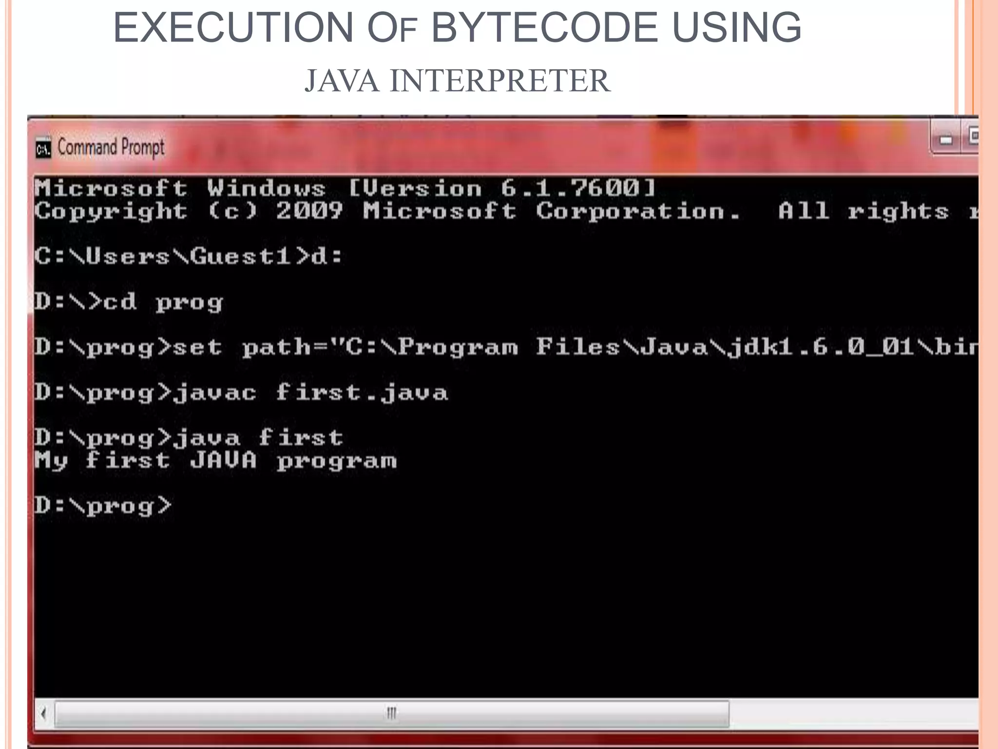 EXECUTION OF BYTECODE USING
       JAVA INTERPRETER
 