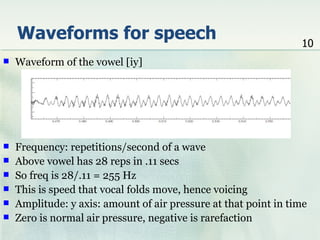 Waveforms for speech                                         10
   Waveform of the vowel [iy]




   Frequency: repetitions/second of a wave
   Above vowel has 28 reps in .11 secs
   So freq is 28/.11 = 255 Hz
   This is speed that vocal folds move, hence voicing
   Amplitude: y axis: amount of air pressure at that point in time
   Zero is normal air pressure, negative is rarefaction
 