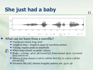 She just had a baby                                                               11




   What can we learn from a wavefile?
          Vowels are voiced, long, loud
          Length in time = length in space in waveform picture
          Voicing: regular peaks in amplitude
          When stops closed: no peaks: silence.
          Peaks = voicing: .46 to .58 (vowel [iy], from second .65 to .74 (vowel
           [ax]) and so on
          Silence of stop closure (1.06 to 1.08 for first [b], or 1.26 to 1.28 for
           second [b])
          Fricatives like [sh] intense irregular pattern; see .33 to .46
 