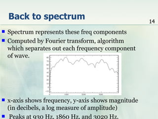 Back to spectrum                                 14
   Spectrum represents these freq components
   Computed by Fourier transform, algorithm
    which separates out each frequency component
    of wave.




   x-axis shows frequency, y-axis shows magnitude
    (in decibels, a log measure of amplitude)
    Peaks at 930 Hz, 1860 Hz, and 3020 Hz.
 