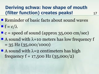 Deriving schwa: how shape of mouth
    (filter function) creates peaks!         17
 Reminder of basic facts about sound waves
 f = c/λ
 c = speed of sound (approx 35,000 cm/sec)
 A sound with λ=10 meters has low frequency f
  = 35 Hz (35,000/1000)
 A sound with λ=2 centimeters has high
  frequency f = 17,500 Hz (35,000/2)
 