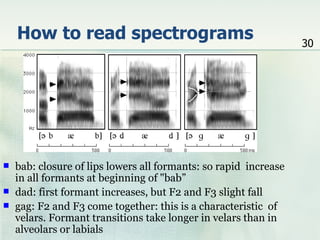 How to read spectrograms                                      30




   bab: closure of lips lowers all formants: so rapid increase
    in all formants at beginning of "bab”
   dad: first formant increases, but F2 and F3 slight fall
   gag: F2 and F3 come together: this is a characteristic of
    velars. Formant transitions take longer in velars than in
    alveolars or labials
 