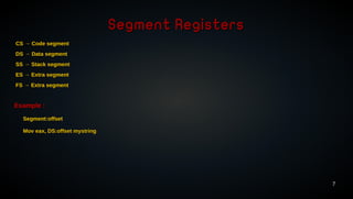 7 
SSeeggmmeenntt RReeggiisstteerrss 
CCSS →→ CCooddee sseeggmmeenntt 
DDSS →→ DDaattaa sseeggmmeenntt 
SSSS →→ SSttaacckk sseeggmmeenntt 
EESS →→ EExxttrraa sseeggmmeenntt 
FFSS →→ EExxttrraa sseeggmmeenntt 
EExxaammppllee :: 
SSeeggmmeenntt::ooffffsseett 
MMoovv eeaaxx,, DDSS::ooffffsseett mmyyssttrriinngg 
 