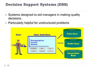 Decision Support Systems (DSS)
10
 Systems designed to aid managers in making quality
decisions.
 Particularly helpful for unstructured problems
 