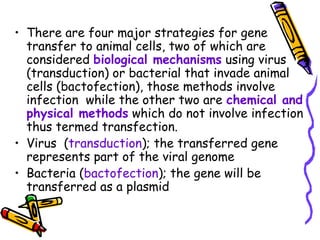 • There are four major strategies for gene
transfer to animal cells, two of which are
considered biological mechanisms using virus
(transduction) or bacterial that invade animal
cells (bactofection), those methods involve
infection while the other two are chemical and
physical methods which do not involve infection
thus termed transfection.
• Virus (transduction); the transferred gene
represents part of the viral genome
• Bacteria (bactofection); the gene will be
transferred as a plasmid
 