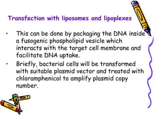 Transfection with liposomes and lipoplexes
• This can be done by packaging the DNA inside
a fusogenic phospholipid vesicle which
interacts with the target cell membrane and
facilitate DNA uptake.
• Briefly, bacterial cells will be transformed
with suitable plasmid vector and treated with
chloramphenicol to amplify plasmid copy
number.
 
