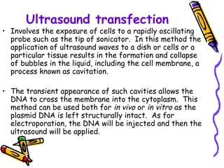 Ultrasound transfection
• Involves the exposure of cells to a rapidly oscillating
probe such as the tip of sonicator. In this method the
application of ultrasound waves to a dish or cells or a
particular tissue results in the formation and collapse
of bubbles in the liquid, including the cell membrane, a
process known as cavitation.
• The transient appearance of such cavities allows the
DNA to cross the membrane into the cytoplasm. This
method can be used both for in vivo or in vitro as the
plasmid DNA is left structurally intact. As for
electroporation, the DNA will be injected and then the
ultrasound will be applied.
 