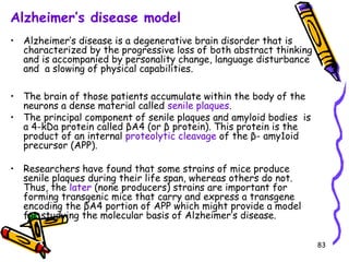 83
Alzheimer’s disease model
• Alzheimer’s disease is a degenerative brain disorder that is
characterized by the progressive loss of both abstract thinking
and is accompanied by personality change, language disturbance
and a slowing of physical capabilities.
• The brain of those patients accumulate within the body of the
neurons a dense material called senile plaques.
• The principal component of senile plaques and amyloid bodies is
a 4-kDa protein called βA4 (or β protein). This protein is the
product of an internal proteolytic cleavage of the β- amy1oid
precursor (APP).
• Researchers have found that some strains of mice produce
senile plaques during their life span, whereas others do not.
Thus, the later (none producers) strains are important for
forming transgenic mice that carry and express a transgene
encoding the βA4 portion of APP which might provide a model
for studying the molecular basis of Alzheimer’s disease.
 