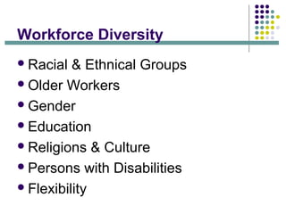 Workforce Diversity
Racial & Ethnical Groups
Older Workers
Gender
Education
Religions & Culture
Persons with Disabil...