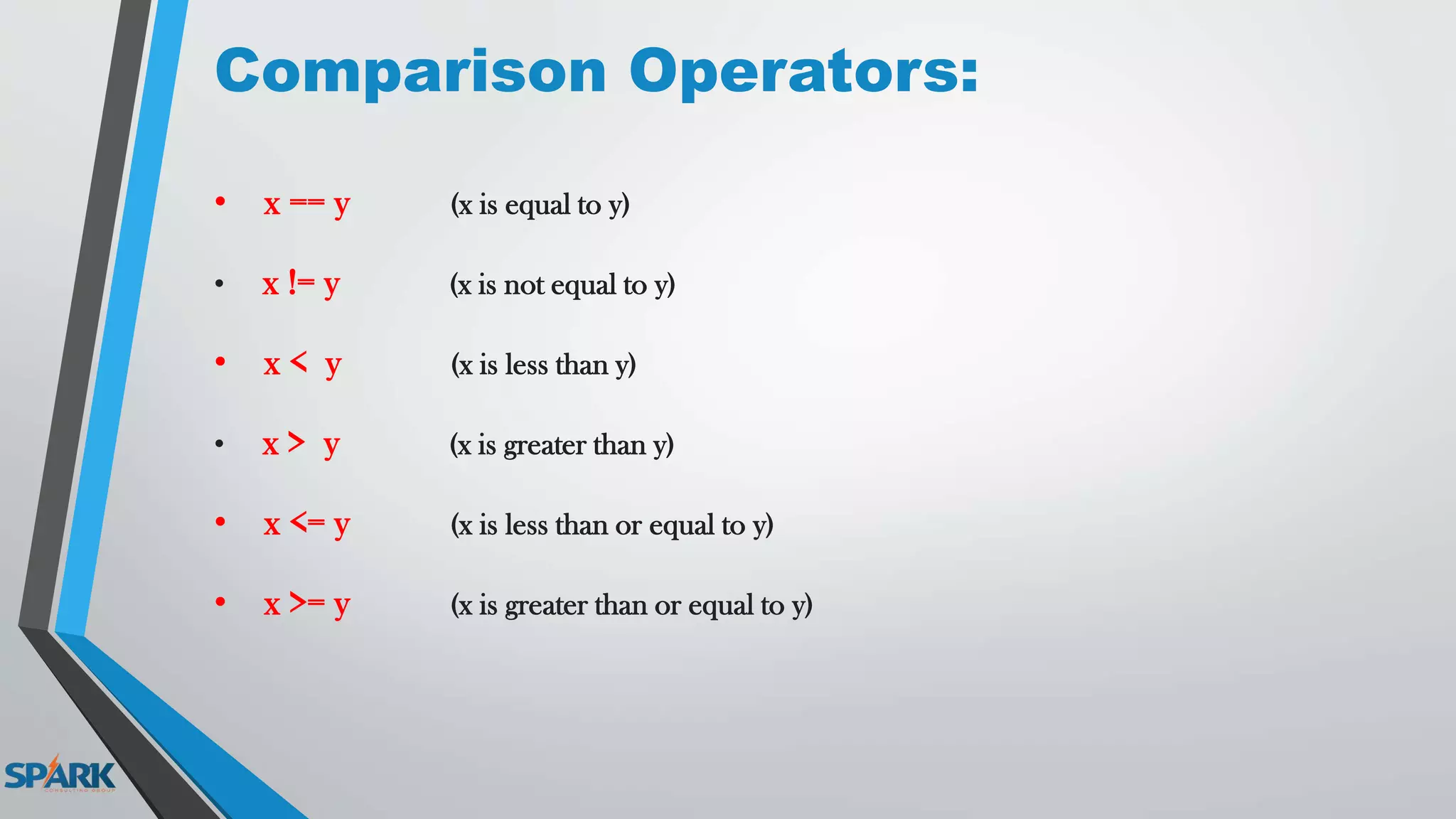 Comparison Operators:
• x == y (x is equal to y)
• x != y (x is not equal to y)
• x < y (x is less than y)
• x > y (x is greater than y)
• x <= y (x is less than or equal to y)
• x >= y (x is greater than or equal to y)
 