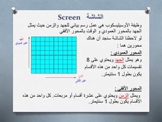 ‫الشاشة‬Screen
‫ي‬ ‫حيث‬ ‫والزمن‬ ‫للجهد‬ ‫بياني‬ ‫رسم‬ ‫عمل‬ ‫هي‬ ‫األوسيليسكوب‬ ‫وظيفة‬‫مثل‬
‫بالمحور‬ ‫الوقت‬ ‫و‬ ‫العمودي‬ ‫بالمحور‬ ‫الجهد‬‫األفقي‬
‫لو‬‫هناك‬ ‫أن‬ ‫سنجد‬ ‫الشاشة‬ ‫الحظنا‬
‫محورين‬‫هما‬:
‫العمودي‬ ‫المحور‬:
‫وهو‬‫يمثل‬‫الجهد‬‫على‬ ‫ويحتوي‬8
‫تقسيمات‬‫كل‬‫األقسام‬ ‫هذه‬ ‫من‬ ‫واحد‬
‫بطول‬ ‫يكون‬1‫سنتيمتر‬.
‫المحور‬‫األفقي‬:
‫ويمثل‬‫الزمن‬‫مربعات‬ ‫أو‬ ‫أقسام‬ ‫عشرة‬ ‫على‬ ‫ويحتوي‬.‫ه‬ ‫من‬ ‫واحد‬ ‫كل‬‫ذه‬
‫بطول‬ ‫يكون‬ ‫األقسام‬1‫سنتيمتر‬.
 