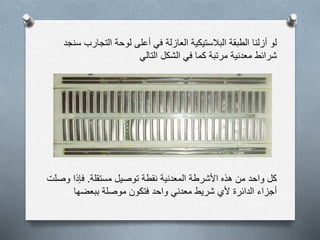 ‫التجارب‬ ‫لوحة‬ ‫أعلى‬ ‫في‬ ‫العازلة‬ ‫البالستيكية‬ ‫الطبقة‬ ‫أزلنا‬ ‫لو‬‫سنجد‬
‫الشكل‬ ‫في‬ ‫كما‬ ‫مرتبة‬ ‫معدنية‬ ‫شرائط‬‫التالي‬
‫مستقلة‬ ‫توصيل‬ ‫نقطة‬ ‫المعدنية‬ ‫األشرطة‬ ‫هذه‬ ‫من‬ ‫واحد‬ ‫كل‬.‫وص‬ ‫فإذا‬‫لت‬
‫ببعضها‬ ‫موصلة‬ ‫فتكون‬ ‫واحد‬ ‫معدني‬ ‫شريط‬ ‫ألي‬ ‫الدائرة‬ ‫أجزاء‬
 