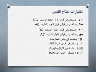‫القياس‬ ‫مفتاح‬ ‫اختيارات‬
V--:‫المستمر‬ ‫الجهد‬ ‫فرق‬ ‫قياس‬ ‫في‬ ‫يستخدم‬DC
~V:‫المتردد‬ ‫الجهد‬ ‫فرق‬ ‫قياس‬ ‫في‬ ‫يستخدم‬AC
A--:‫المستمر‬ ‫التيار‬ ‫قياس‬ ‫في‬ ‫يستخدم‬DC
~A:‫المتردد‬ ‫التيار‬ ‫قياس‬ ‫في‬ ‫يستخدم‬AC
Ω:‫المقاومات‬ ‫قياس‬ ‫في‬ ‫يستخدم‬
F:‫المكثفات‬ ‫قيم‬ ‫قياس‬ ‫في‬ ‫يستخدم‬
hFE:‫الترنزيستورات‬ ‫قياس‬ ‫عند‬
OFF:‫الـ‬ ‫اطفاء‬ ‫و‬ ‫تشغيل‬DMM
 