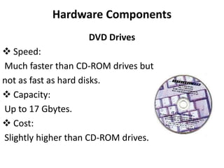 Hardware Components
DVD Drives
 Speed:
Much faster than CD-ROM drives but
not as fast as hard disks.
 Capacity:
Up to 17 Gbytes.
 Cost:
Slightly higher than CD-ROM drives.
 