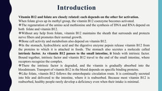 Vitamin B12 and folate are closely related: each depends on the other for activation.
When folate gives up its methyl group, the vitamin B12 coenzyme becomes activated.
The regeneration of the amino acid methionine and the synthesis of DNA and RNA depend on
both folate and vitamin B12.
Without any help from folate, vitamin B12 maintains the sheath that surrounds and protects
nerve fibers and promotes their normal growth.
Bone cell activity and metabolism also depend on vitamin B12.
In the stomach, hydrochloric acid and the digestive enzyme pepsin release vitamin B12 from
the proteins to which it is attached in foods. The stomach also secretes a molecule called
intrinsic factor. As vitamin B12 passes to the small intestine, it binds with intrinsic factor.
Bound together, intrinsic factor and vitamin B12 travel to the end of the small intestine, where
receptors recognize the complex.
There the intrinsic factor is degraded, and the vitamin is gradually absorbed into the
bloodstream. Transport of vitamin B12 in the blood depends on specific binding proteins.
Like folate, vitamin B12 follows the enterohepatic circulation route. It is continually secreted
into bile and delivered to the intestine, where it is reabsorbed. Because most vitamin B12 is
reabsorbed, healthy people rarely develop a deficiency even when their intake is minimal.
Introduction
 