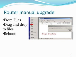 Router manual upgrade
1
•From Files
•Drag and drop
to files
•Reboot
 